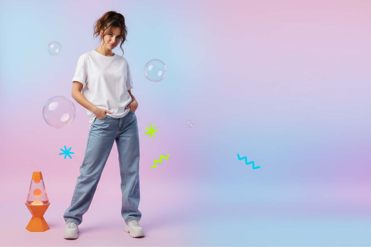 woman gen z wearing a loose white t shirt short sleeves, standing all the way on the left of the image, background of the image kitsch y2k vibe but not too many elements so that we can add text on it